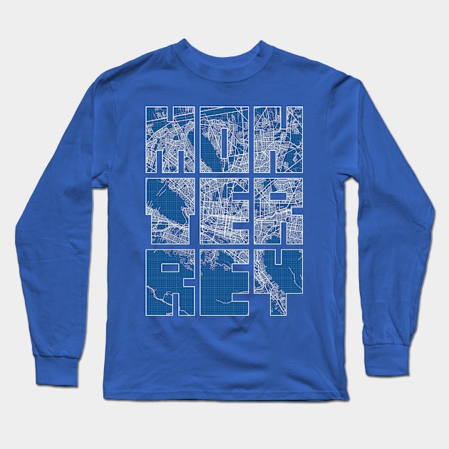 Monterrey, Mexico City Map Typography - Blueprint Long Sleeve T-Shirt by deMAP Studio